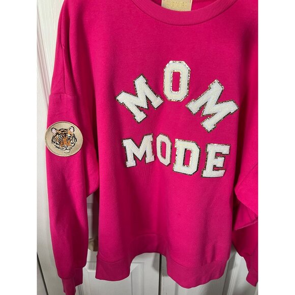 Mom Mode Crewneck Sweatshirt By Judith March With Sequin Letters & Tiger Patch H - Picture 2 of 12